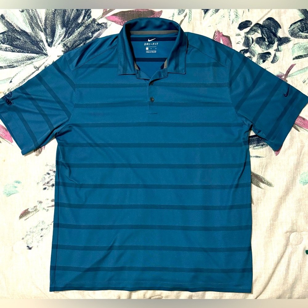 Nike Dri-fit Polo. Striped Blue. Unworn but no tags. Size L.